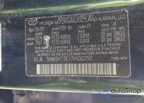 2007 Hyundai Santa Fe Limited/Se z USA, uszkodzony, nr VIN 5NMSH73E17H100250